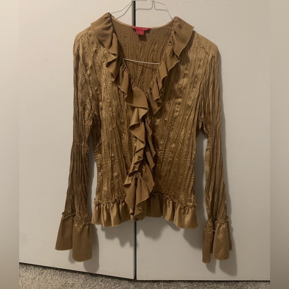 Y2K Gold Long-Sleeved Ruffled Blouse